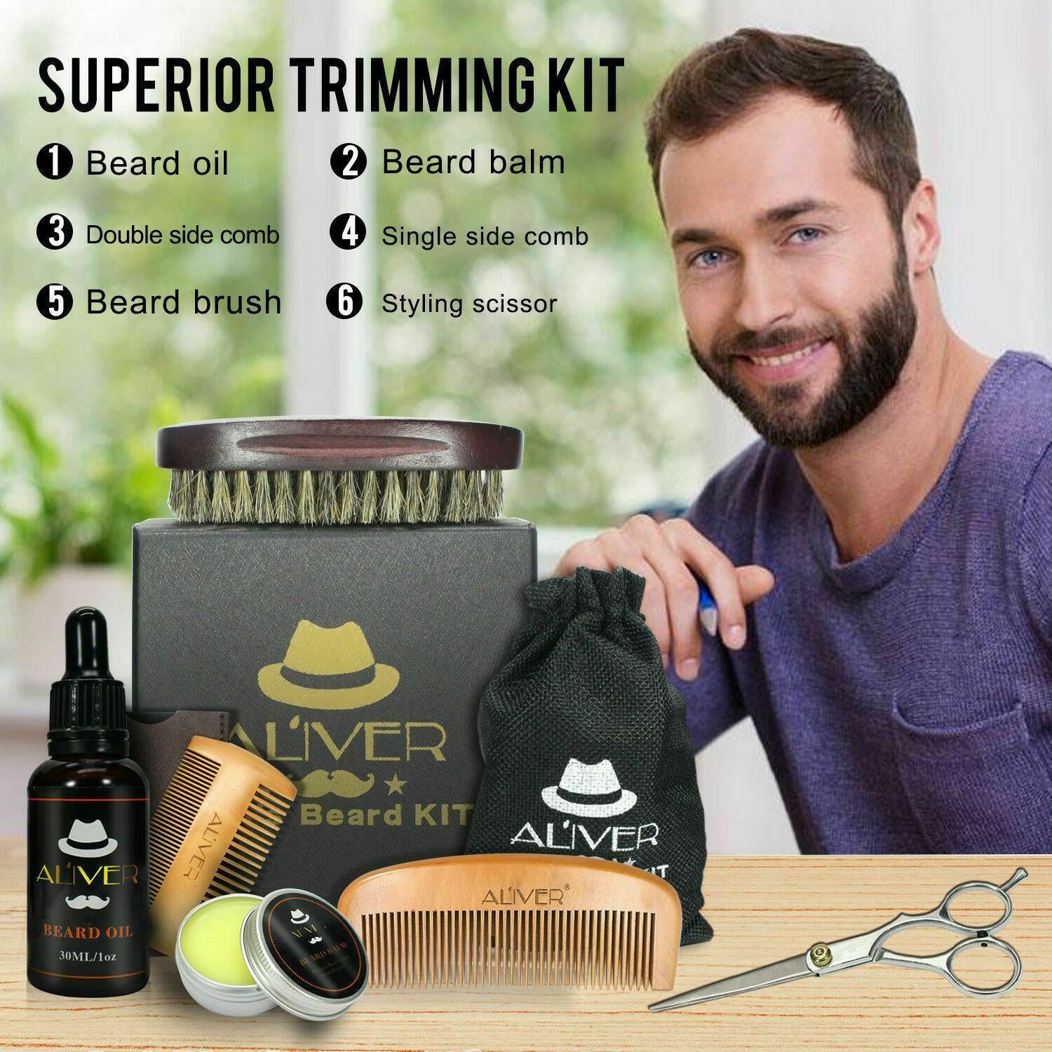 6Pcs Men'S Gent’S Beard Grooming Kit Gift Set Shampoo Oil Balm Wooden Brush Comb