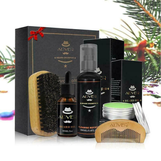 Men'S Gent'S Beard Grooming Kit Gift Set Shampoo Oil Balm Wooden Brush Comb Hair